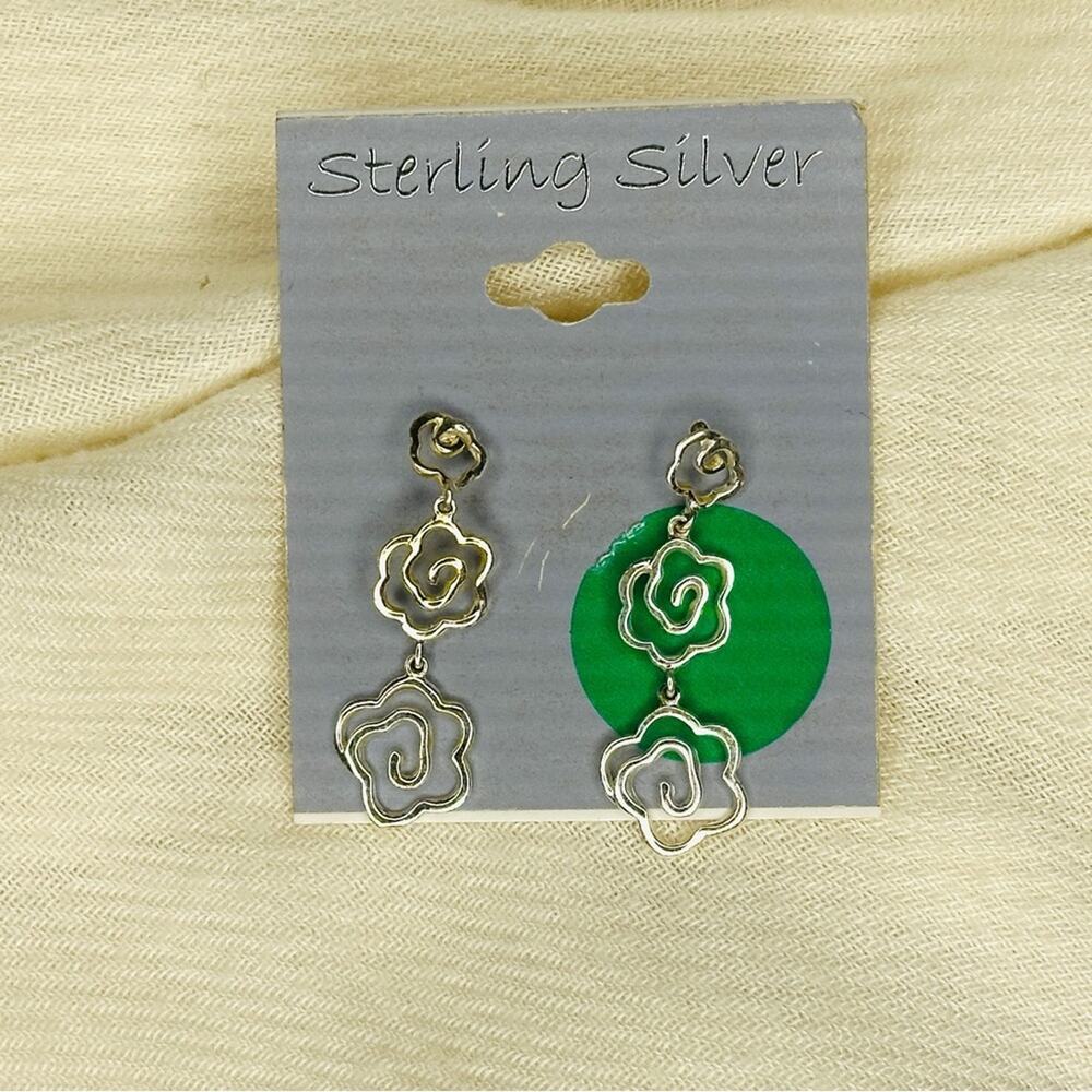 Triple open rose drop sterling silver earrings